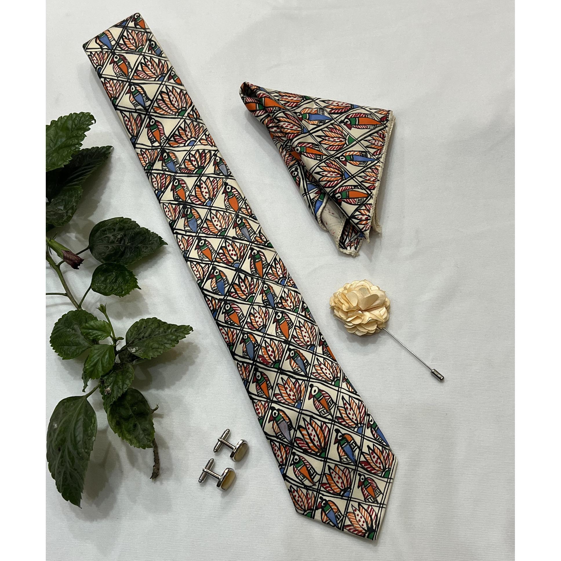 Handpainted Madhubani Silk Tie Set – Beige with Bird & Floral Motifs